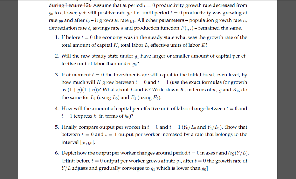 Solved Assume that at period t = 0 productivity growth rate | Chegg.com