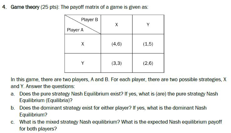 Solved 4. Game theory (25 pts): The payoff matrix of a game | Chegg.com