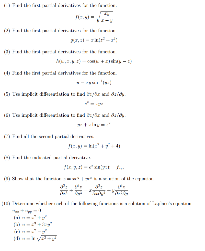 Solved 1 Find The First Partial Derivatives For The 8527