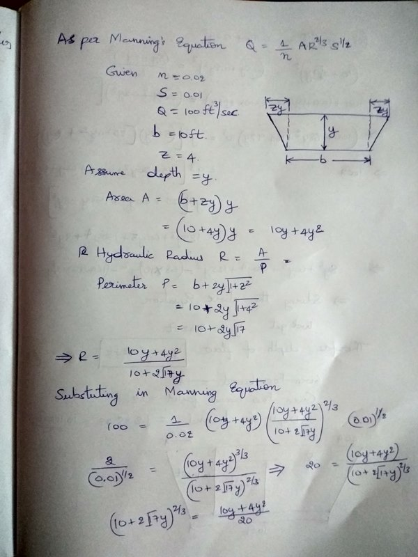 Solved Civil Engineering Channel Hydraulics Question 1