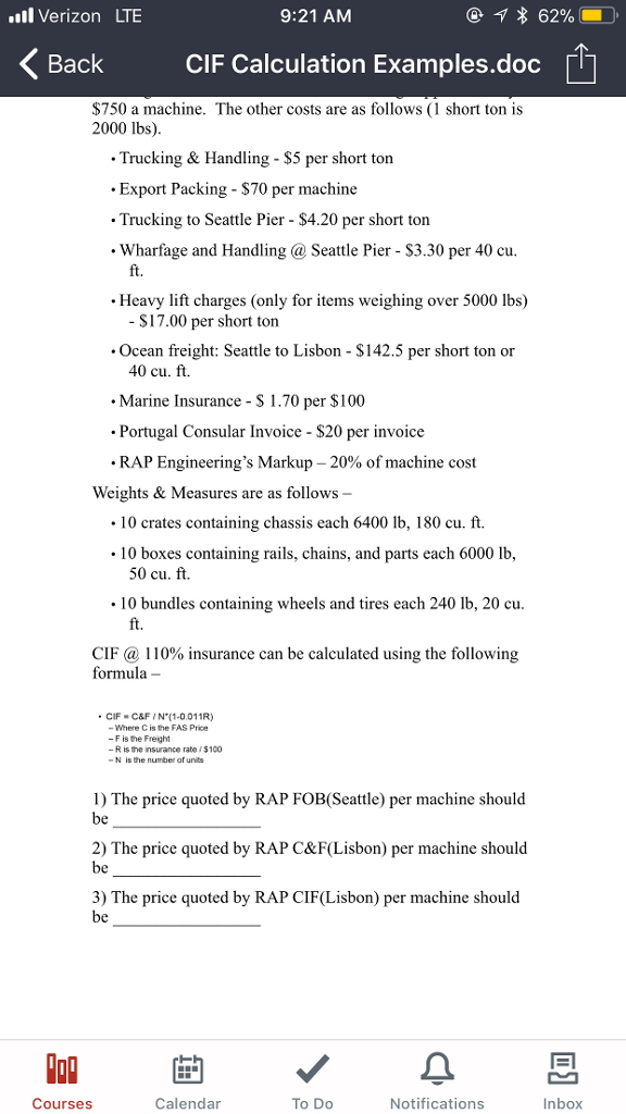 l Verizon LTE 9:21 AM く. Back CIF Calculation | Chegg.com
