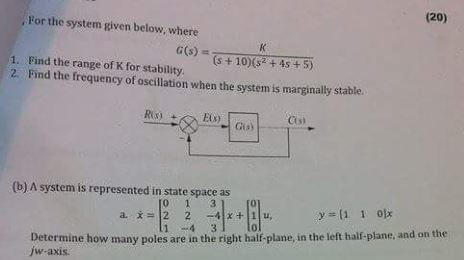 Solved For the system given below, where (20) 1. Find the | Chegg.com
