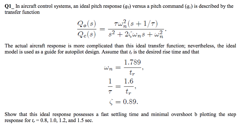 Solved In aircraft control systems, an ideal pitch response | Chegg.com