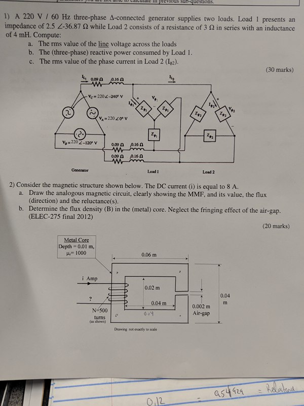 Solved 1) A 220 V , 60 Hz three-phase Δ-connected generator | Chegg.com