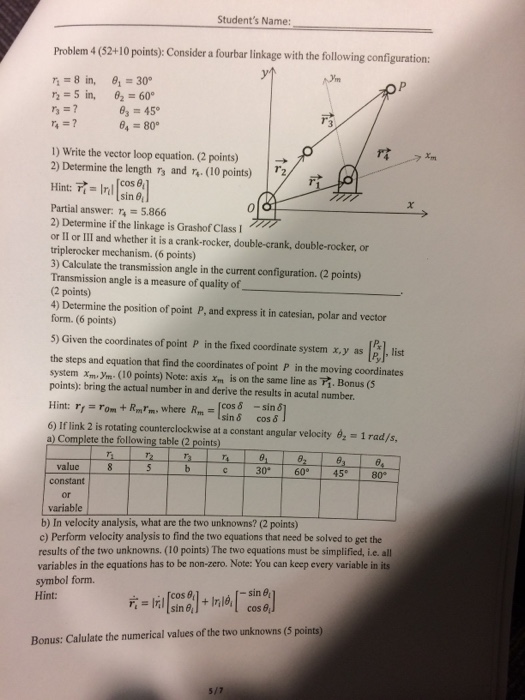 Solved Consider a fourbar linkage with the following | Chegg.com