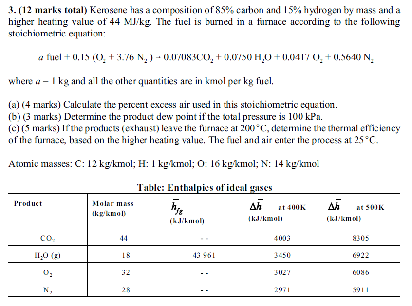 Solved 3. (12 marks total) Kerosene has a composition of 85