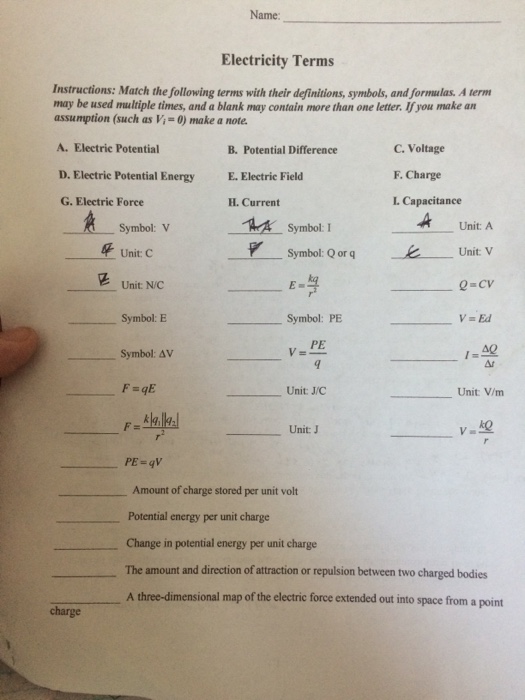 Solved Name: Electricity Terms Instructions: Match the | Chegg.com