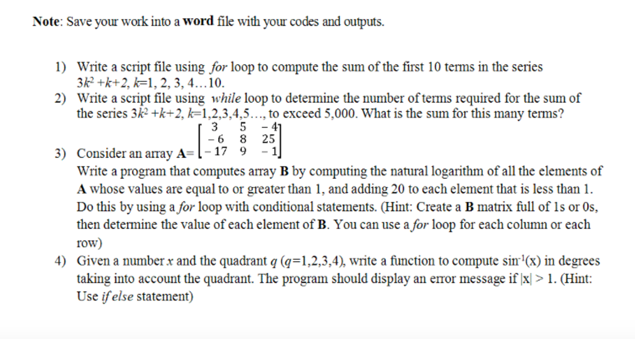 Write a script file using for loop to compute the sum | Chegg.com