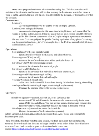 Solved wrie·C++ Prvgram: Impletet a Lexicon class using | Chegg.com