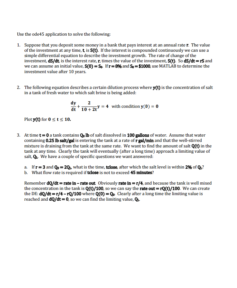 Use the ode45 application to solve the following: | Chegg.com
