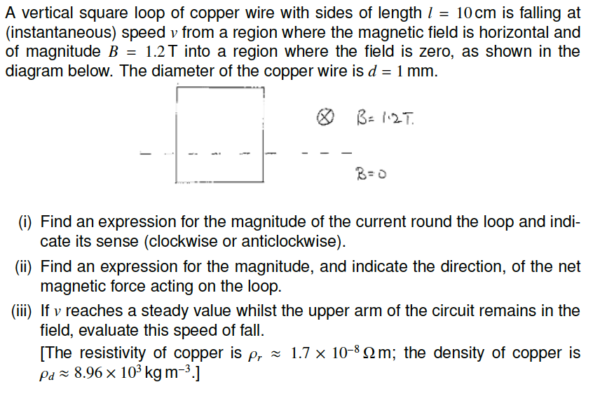 Solved A vertical square loop of copper wire with sides of | Chegg.com