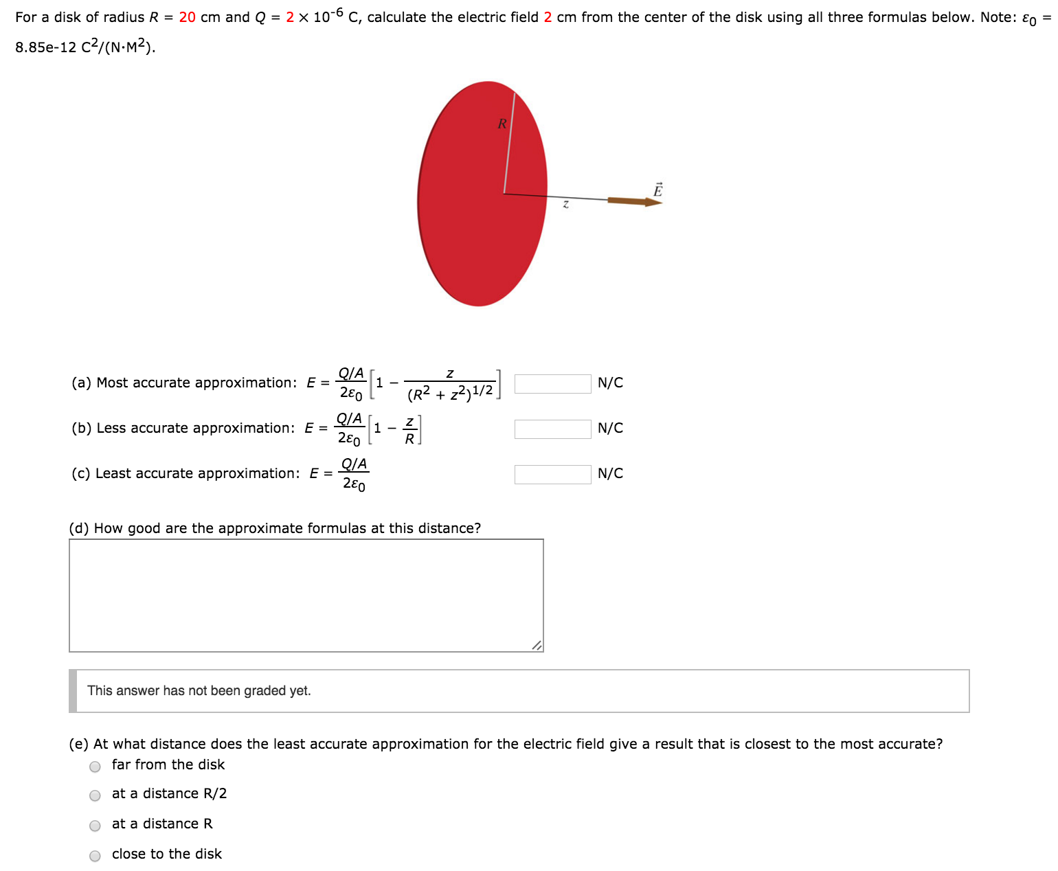 Solved For a disk of radius R = 20 cm and Q = 2 times 10^-6 | Chegg.com