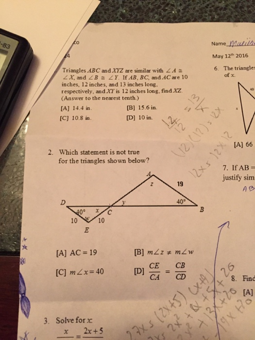 Solved Triangles ABC and XYZ are similar with