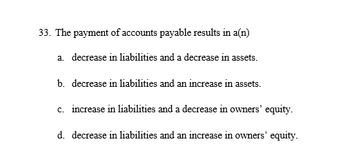 Solved The payment of accounts payable results in a(n) | Chegg.com
