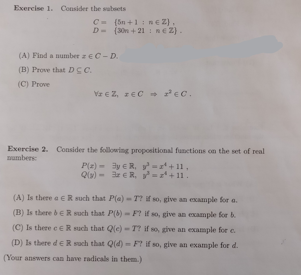 Solved Exercise 1. Consider the subsets C = {5n+1 : n e Z} , | Chegg.com