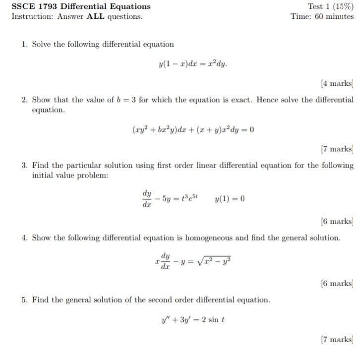Solved SSCE 1793 Differential Equations Instruction Answer