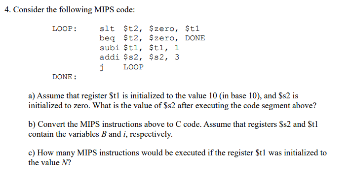 Solved Consider the following MIPS code: LOOP: slt $t2, | Chegg.com