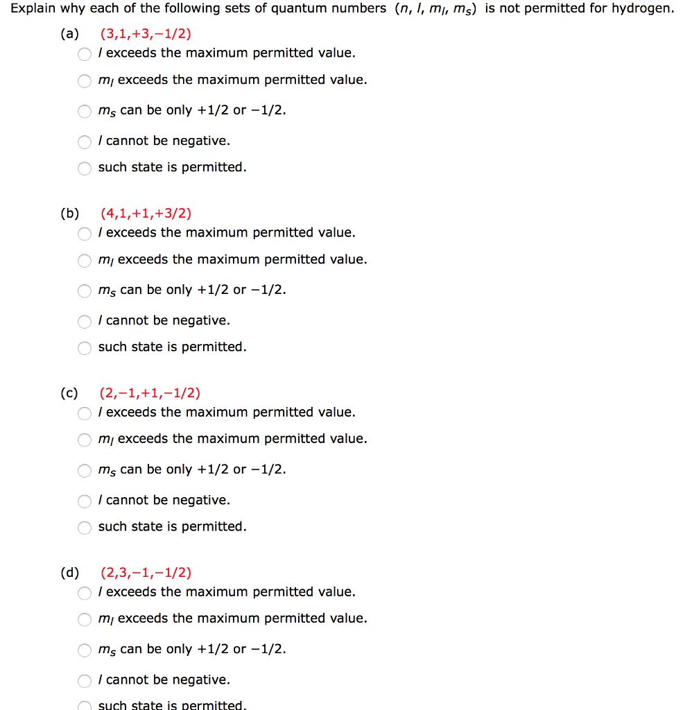 Solved explain why each of the following sets of quantum chegg