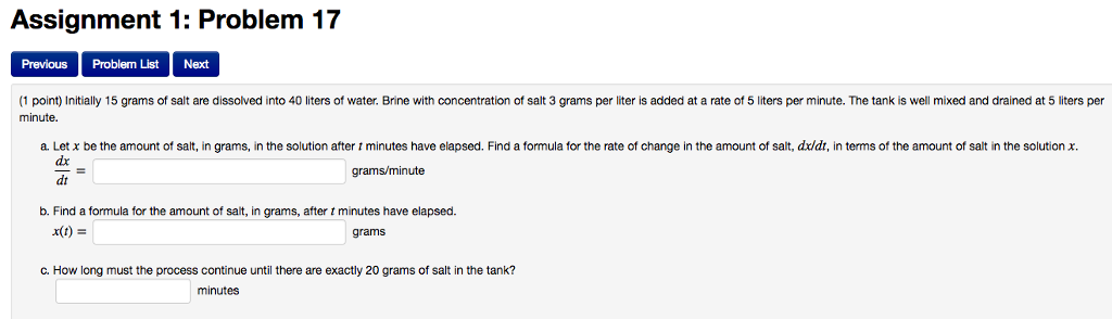 Solved Initially 15 Grams Of Salt Are Dissolved Into 40 L Chegg