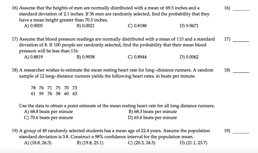 Solved 16) Assume that the heights of men are normally | Chegg.com
