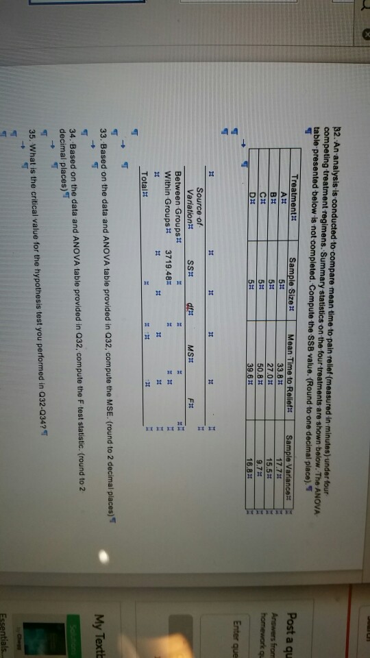 Solved 32 An Analysis Is Conducted To Compare Mean Time To Chegg