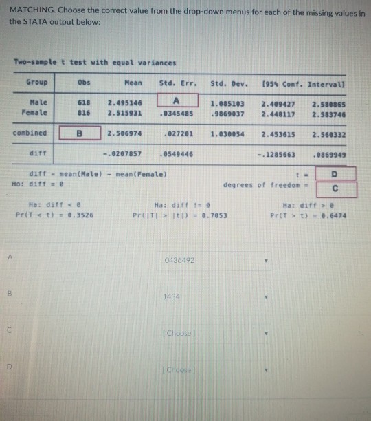 Solved MATCHING. Choose the correct value from the dropdown