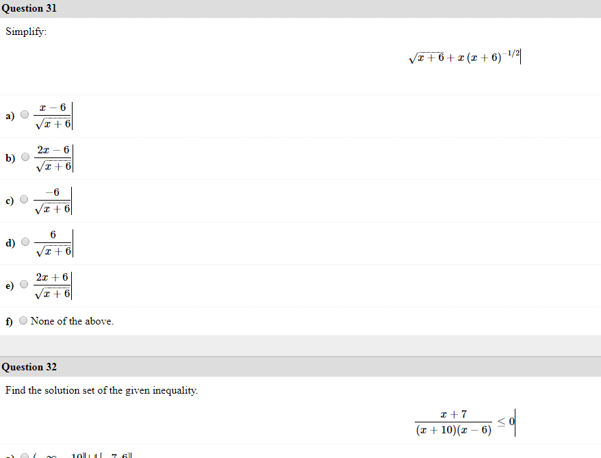 Solved Simplify: squareroot (x + 6) x (x + 6)^-1/2 a) x - | Chegg.com