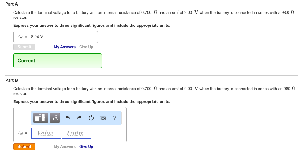 Solved Part A Calculate the terminal voltage for a battery