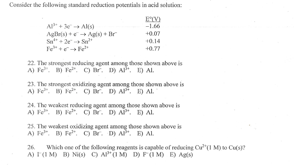 Solved Consider The Following Standard Reduction Potentials | Chegg.com