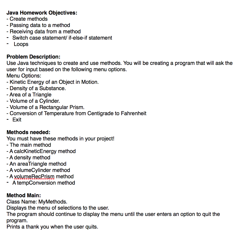 java methods homework