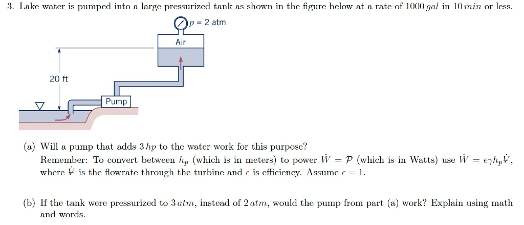 Solved 3. Lake water is pumped into a large pressurized tank | Chegg.com