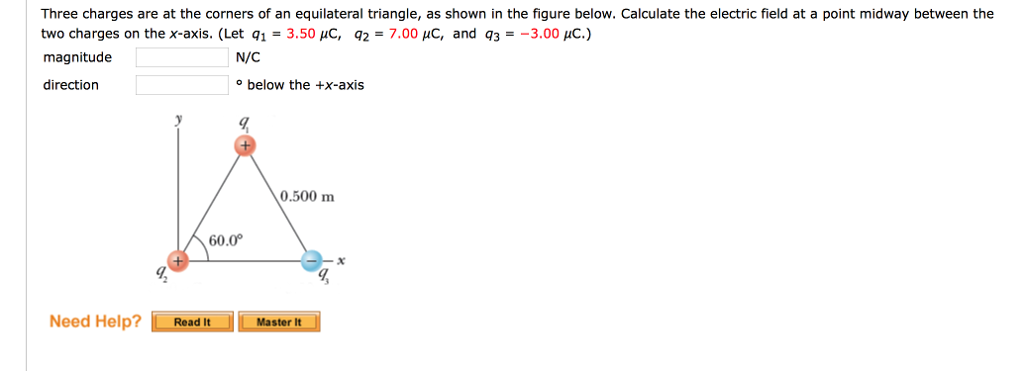 Solved Three charges are at the corners of an equilateral | Chegg.com