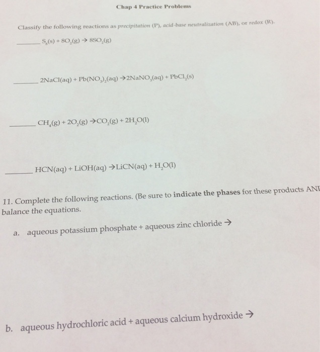 Solved Classify the following reactions as precipitation | Chegg.com