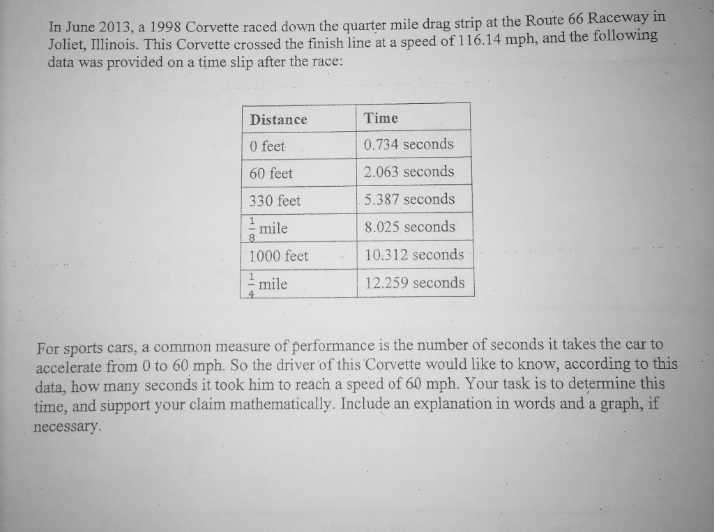 Drag Racing Distance Chart In June 2013, a 1998 Corvette raced down the quarter | Chegg.com