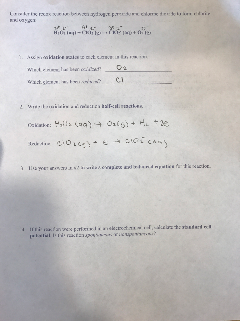 Solved Consider the redox reaction between hydrogen peroxide | Chegg.com