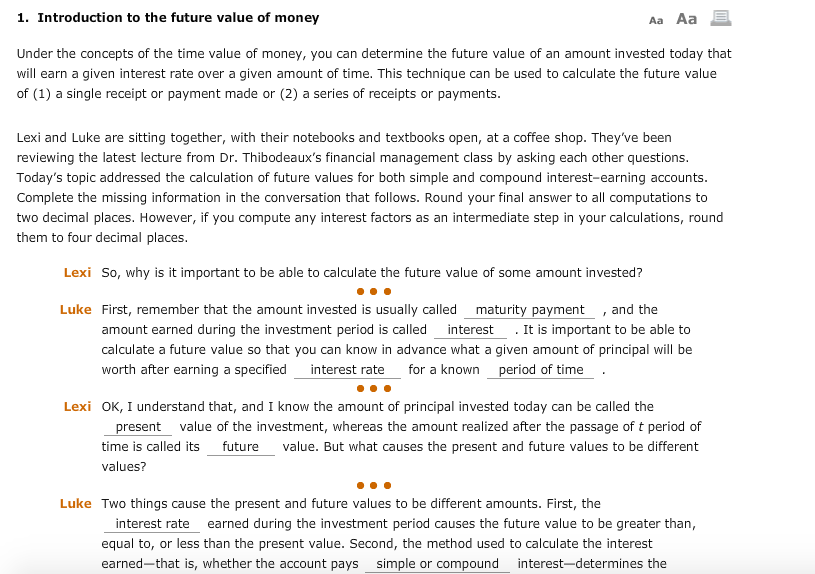Solved 1 introduction to the future value of money aa aa chegg