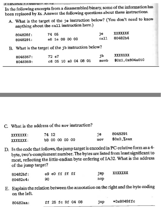 Solved In the following excerpts from a disassembled binary, | Chegg.com