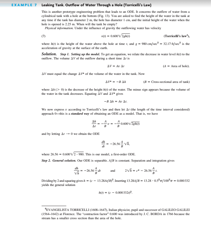 EXAMPLE 7 Leaking Tank. Outflow of Water Through a | Chegg.com