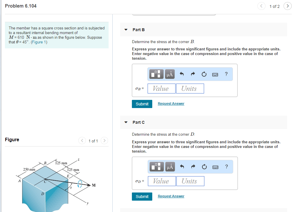 Solved Problem 6.104 1 of 2 The member has a square cross | Chegg.com