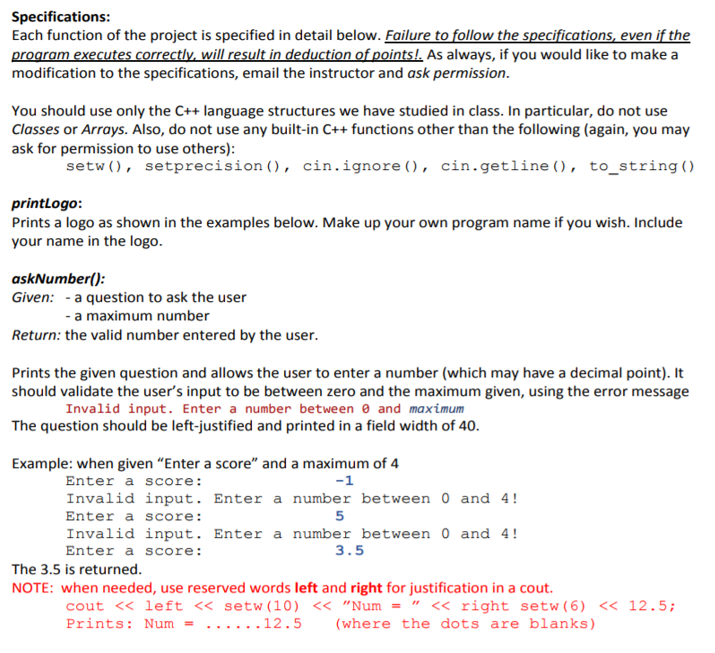 Solved Need help with this C++ program, the specs are you | Chegg.com
