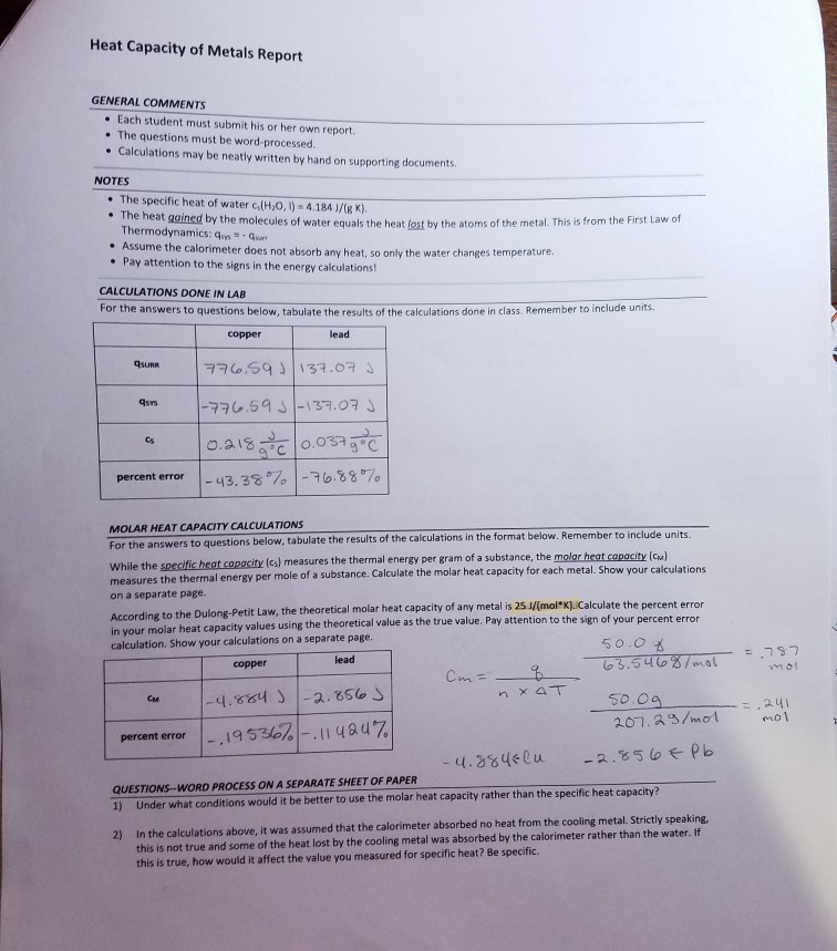 Solved Heat Capacity of Metals Report GENERAL COMMENTS Each