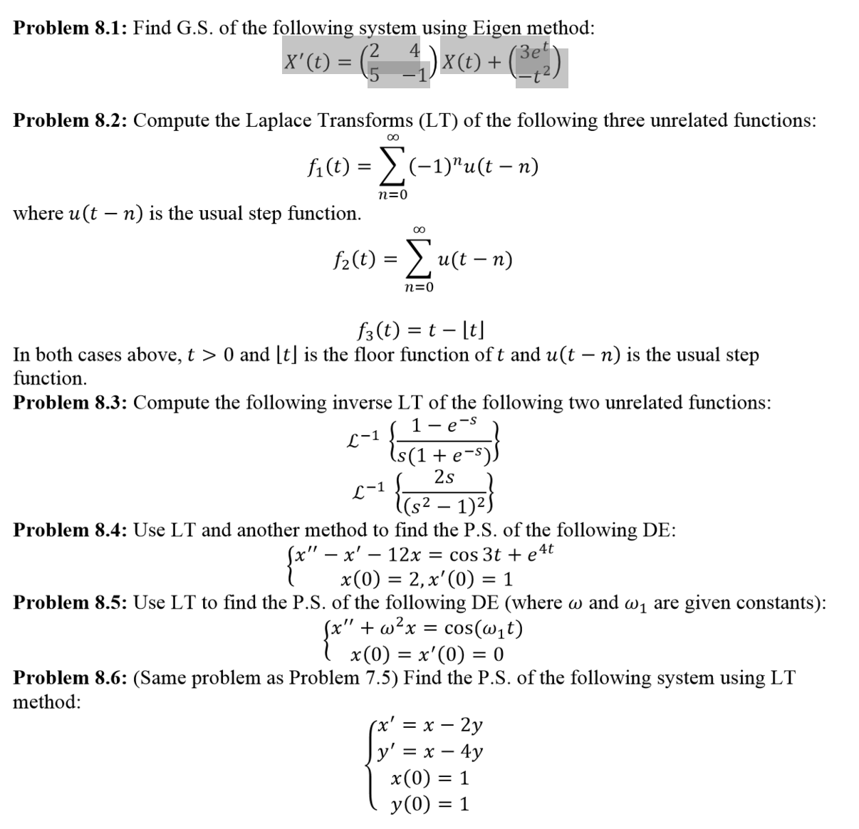 Solved Find G.S. of the following system using Eigen method: | Chegg.com