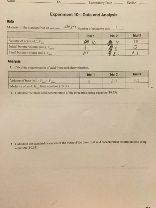 Solved Molarity of the standard NaOH solution Number of | Chegg.com
