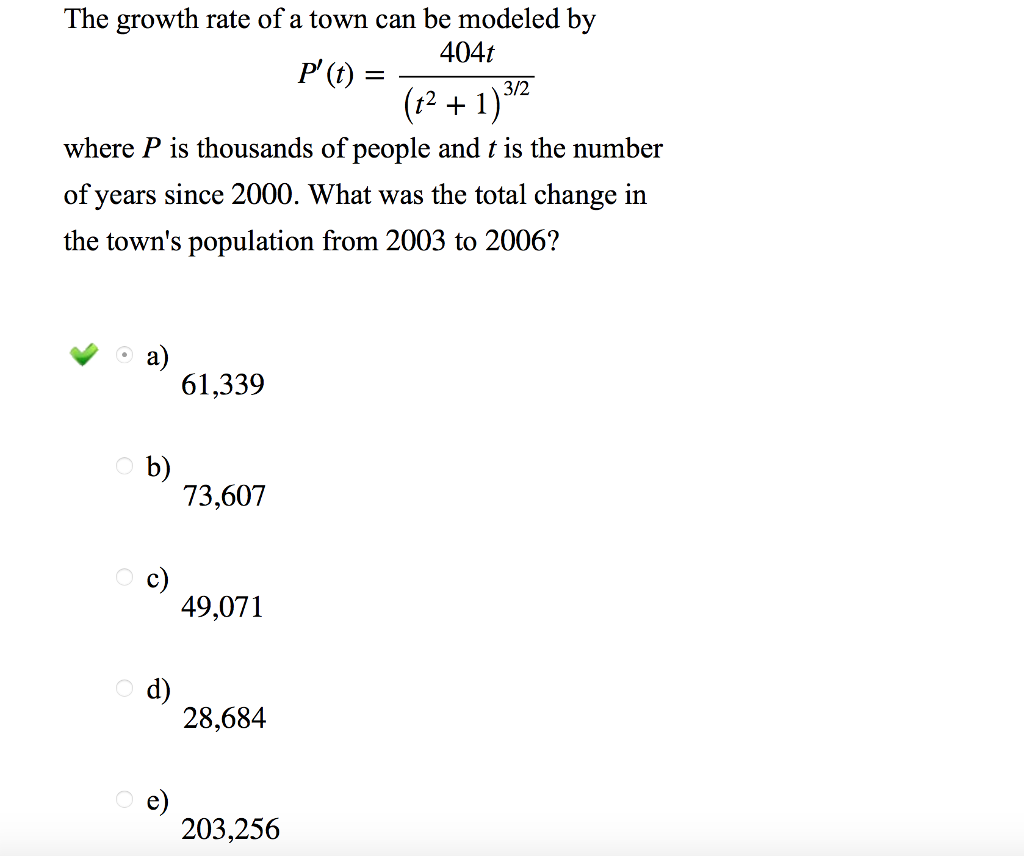 Solved The growth rate of a town can be modelled by P' (t) = | Chegg.com