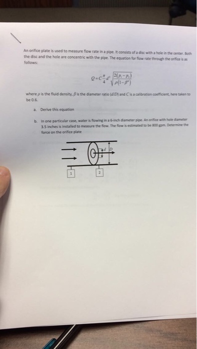 Solved An orifice plate is used to measure flow rate in a | Chegg.com