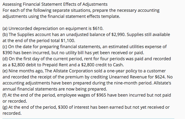 Solved Assessing Financial Statement Effects Of Adjustments 