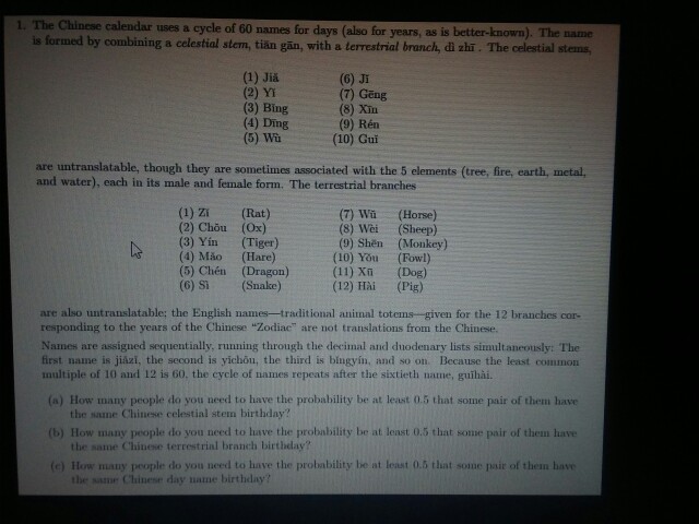 Solved 1. The Chinese calendar uses a cycle of 60 names for | Chegg.com