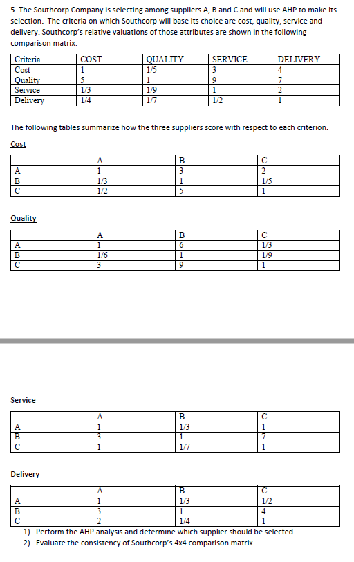 Solved 5. The Southcorp Company is selecting among suppliers | Chegg.com