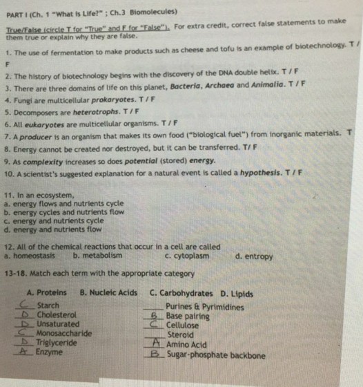 Solved PARTI (Ch. 1what is Life?"·Ch.3 Biomolecules)