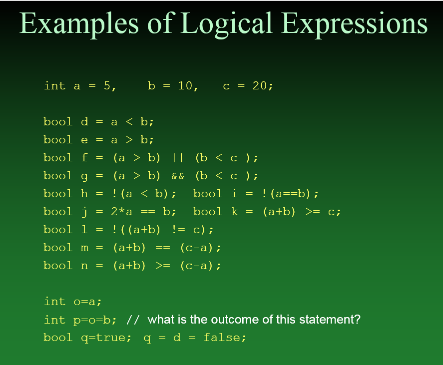 Solved Examples of Logical Expressions c 20; int a 5, b 10 | Chegg.com